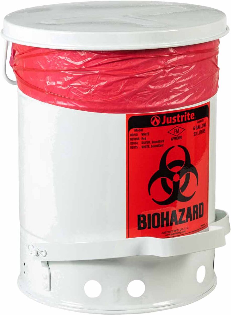 justrite 05910 6 gallon steel biohazard waste can foot operated self closing white 1