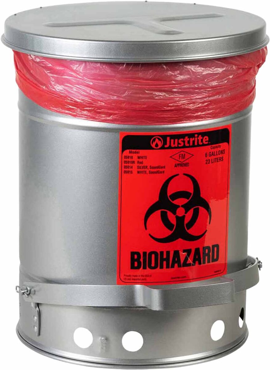 justrite 05914 6 gallon steel biohazard waste can foot operated self closing soundgard cover silver 1