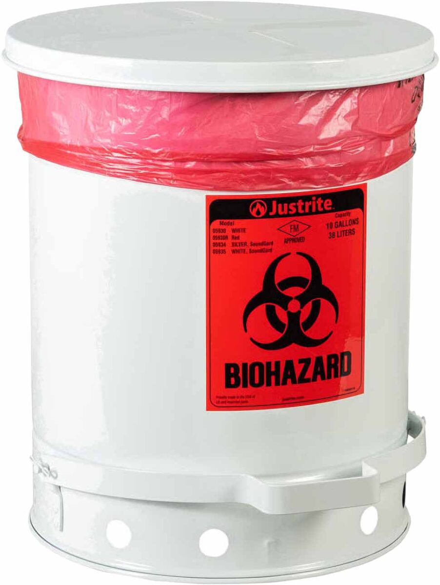 Justrite 05930 - 10 Gallon Steel Biohazard Waste Can, Foot-Operated Self-Closing, White