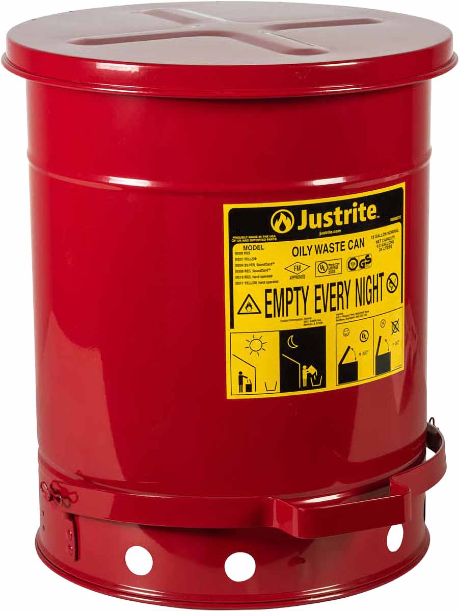 justrite 09300 10 gallon oily waste can hands free self closing cover red 1