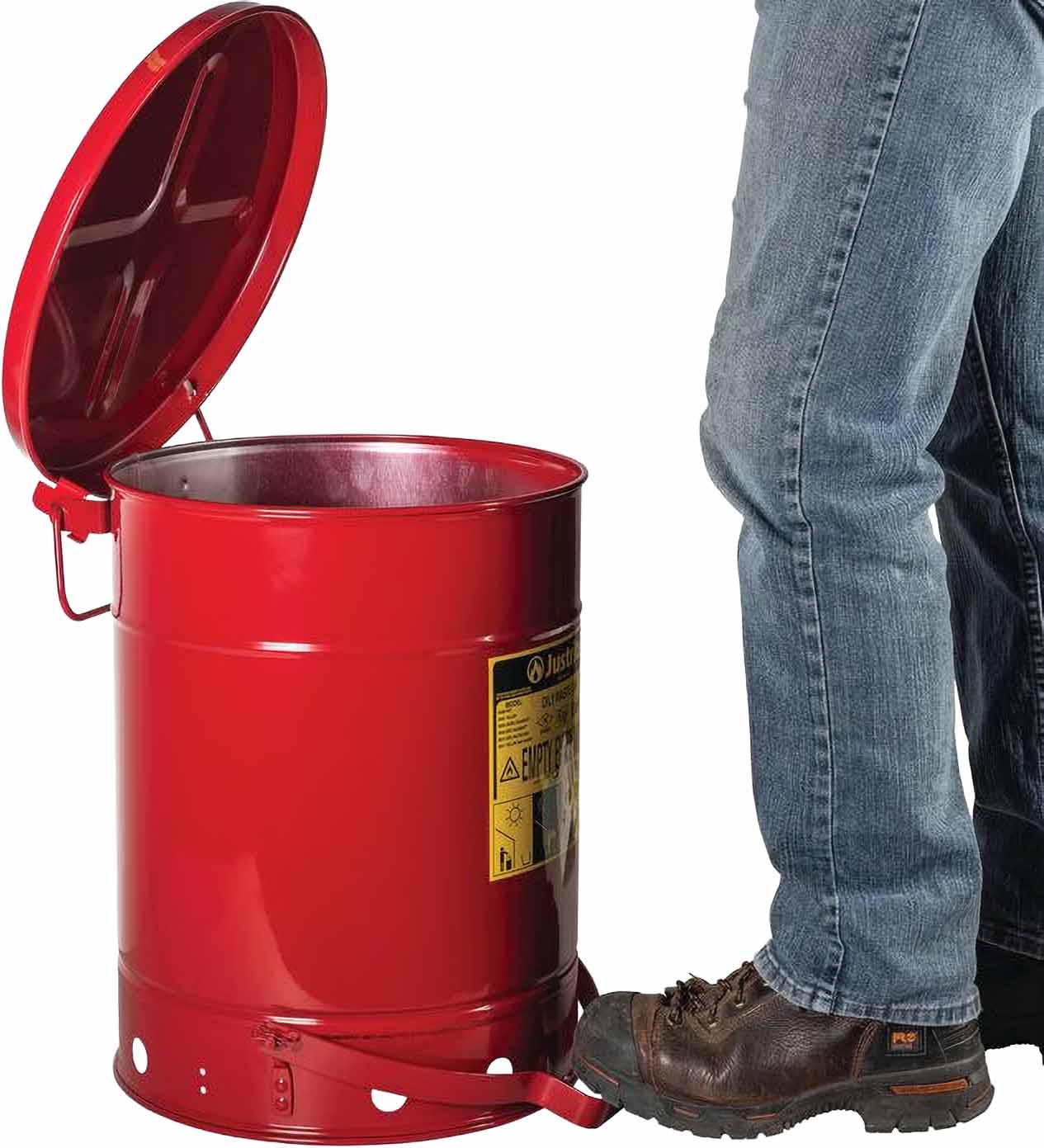 justrite 09300 10 gallon oily waste can hands free self closing cover red 2