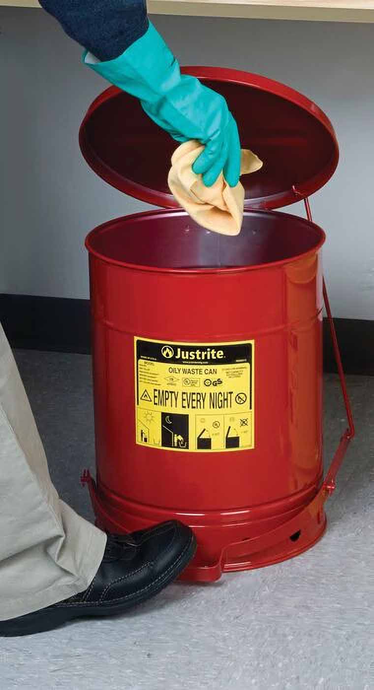 justrite 09300 10 gallon oily waste can hands free self closing cover red 3