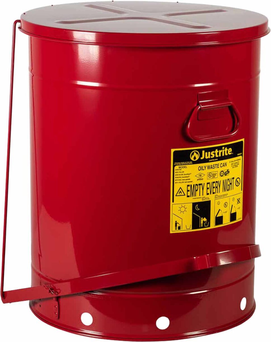 justrite 09700 21 gallon oily waste can hands free self closing cover red 1