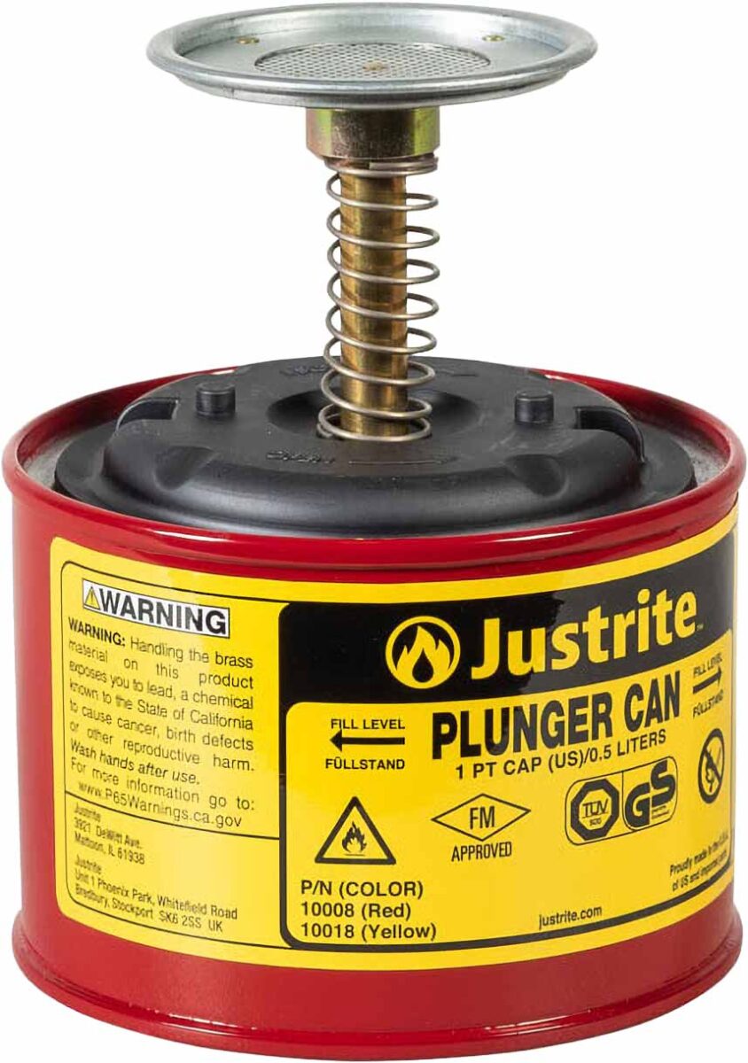 justrite 10008 1 pint steel plunger dispensing can perforated pan screen serves as flame arrester red 1