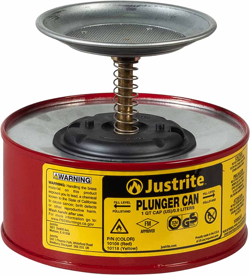 justrite 10108 1 quart steel plunger dispensing can perforated pan screen serves as flame arrester red 1