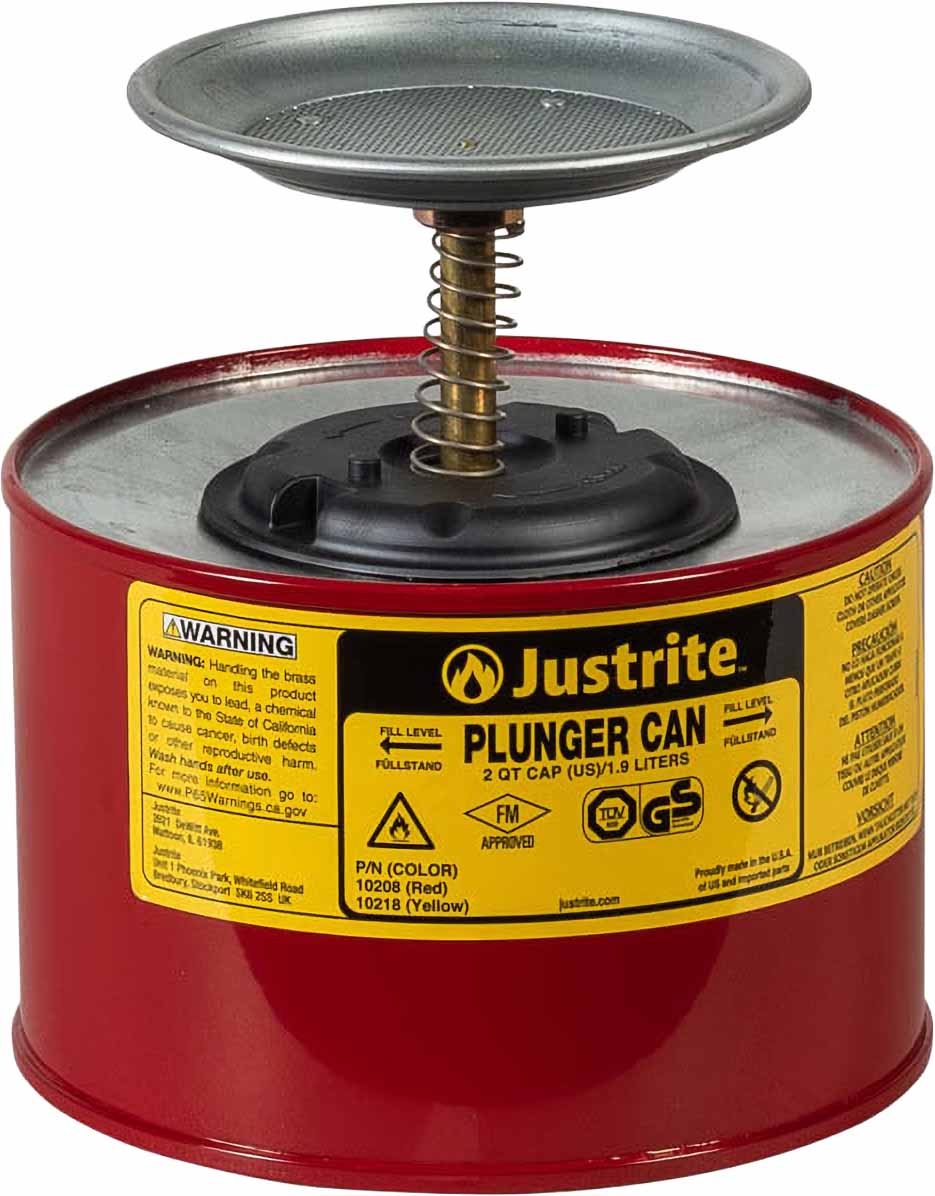 justrite 10208 2 quart steel plunger dispensing can perforated pan screen serves as flame arrester red 1
