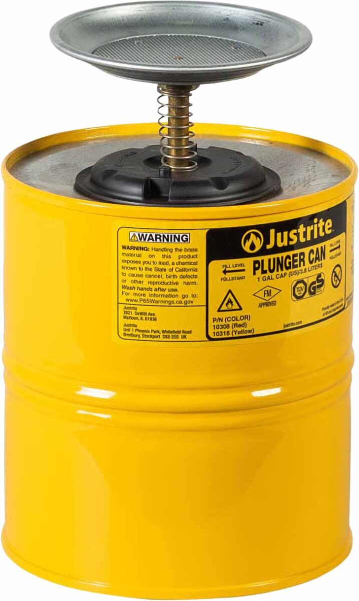 justrite 10318 1 gallon steel plunger dispensing can perforated pan screen serves as flame arrester yellow 1
