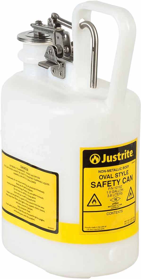 justrite 12162 1 gallon plastic safety can for flammables oval flame arrester stainless steel hardware white 1