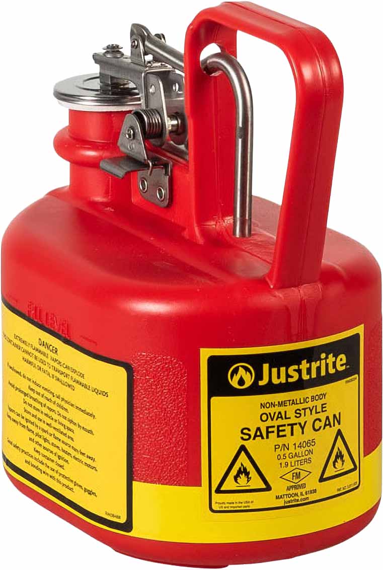 justrite 14065 0 5 gallon plastic safety can for flammables oval stainless steel hardware flame arrester red 1