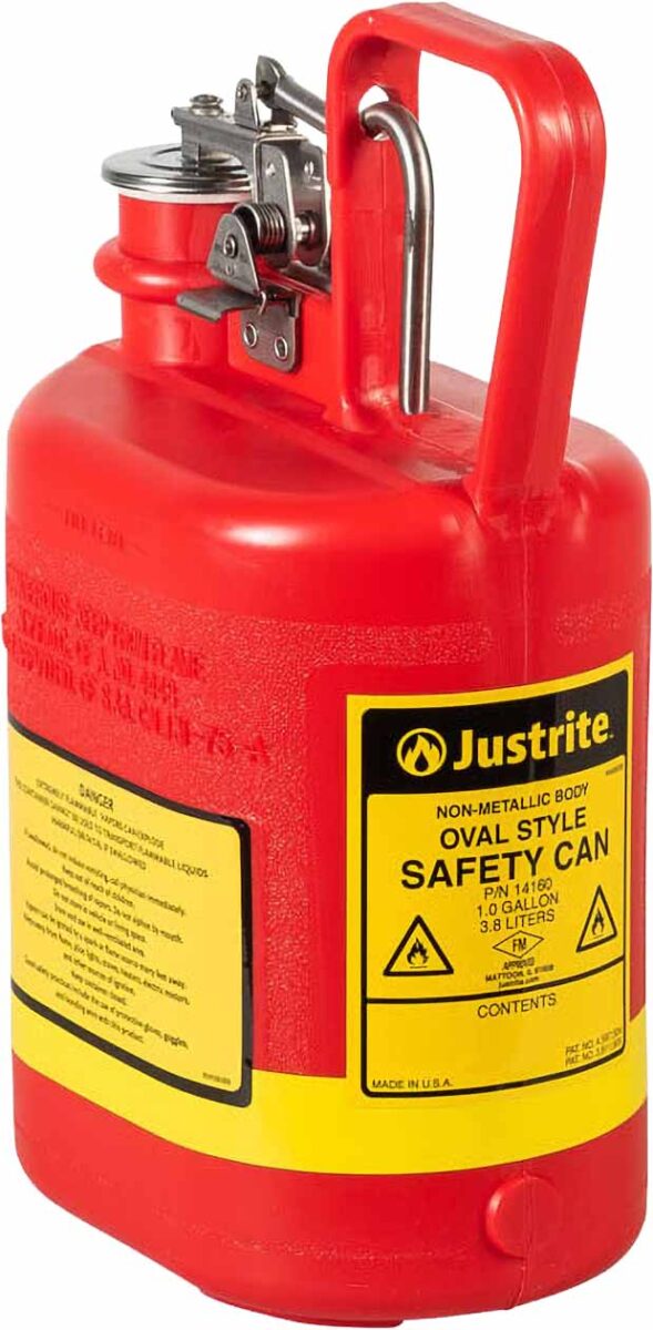 justrite 14160 1 gallon plastic safety can for flammables oval flame arrester stainless steel hardware red 1