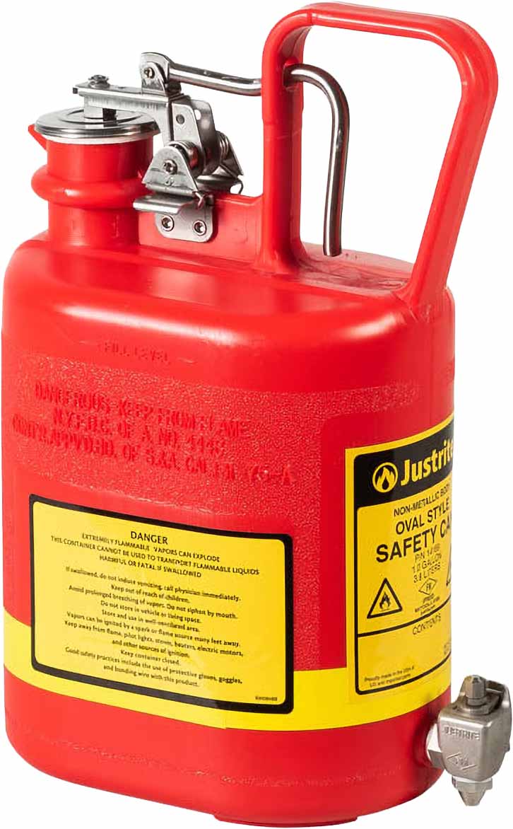 justrite 14169 1 gallon oval polyethylene safety shelf can stainless steel hardware bottom self close s s faucet red 1