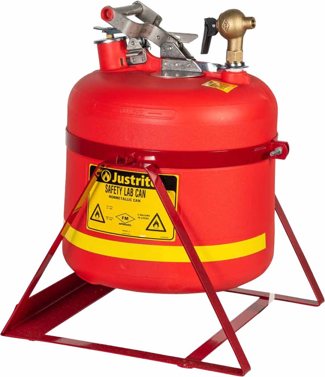 justrite 14535 5 gallon polyethylene safety can tilt style with stand top self close brass faucet red 1