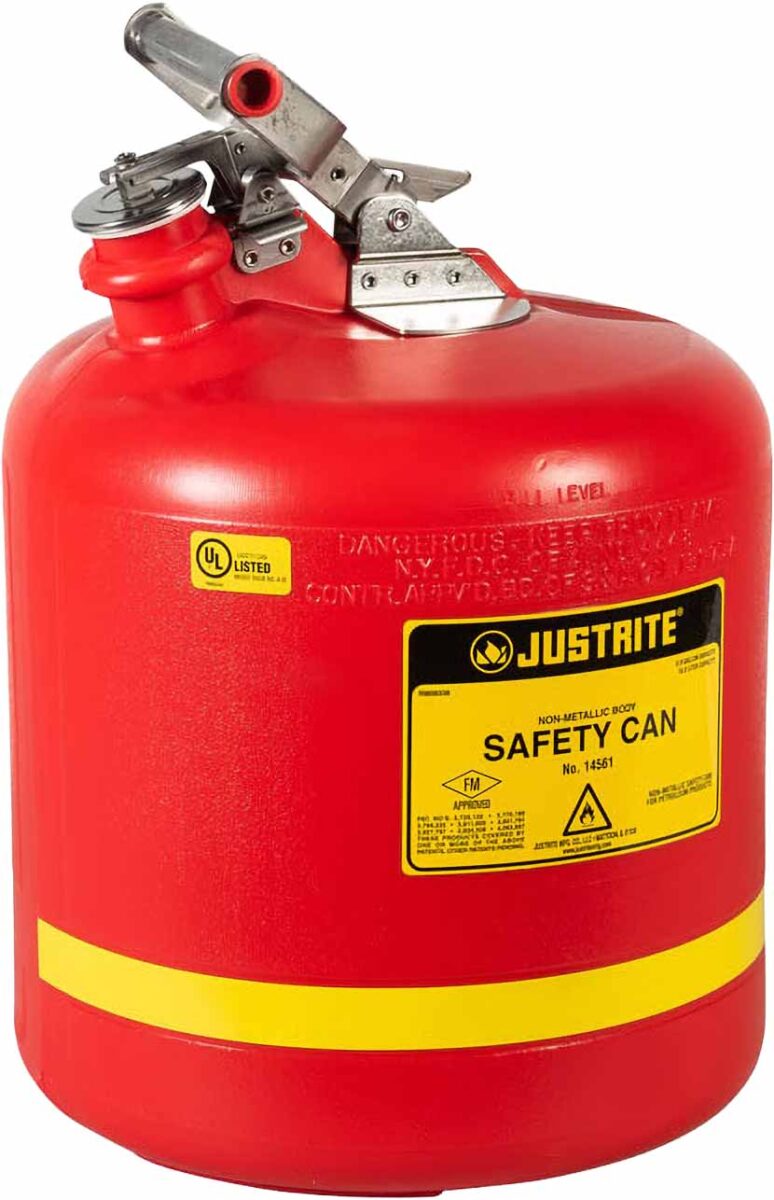 justrite 14561 5 gallon plastic safety can type 1 stainless steel hardware red 1