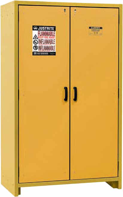 justrite 22603 45 gallon 3 shelves 2 hybrid close doors 30 minute en flammable safety cabinet yellow 1