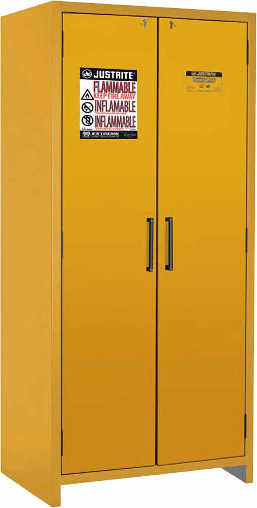 justrite 22605 30 gallon 3 shelves 2 hybrid close doors 90 minute en flammable safety cabinet yellow 1