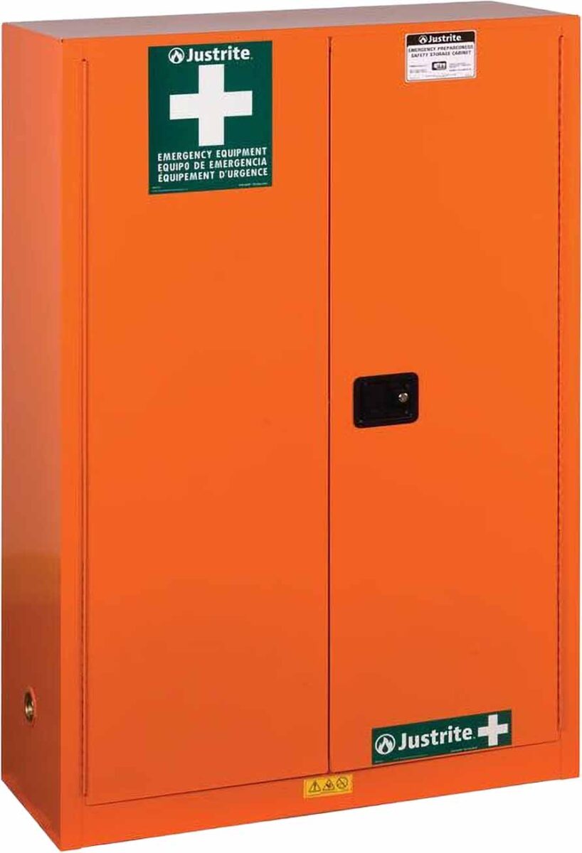 justrite 860001 4 shelves 2 doors manual close emergency preparedness cabinet with gloalert labels orange 1