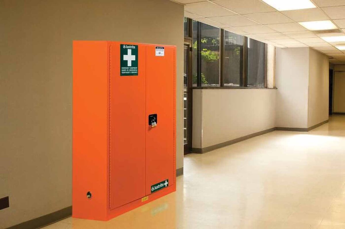 justrite 860001 4 shelves 2 doors manual close emergency preparedness cabinet with gloalert labels orange 2