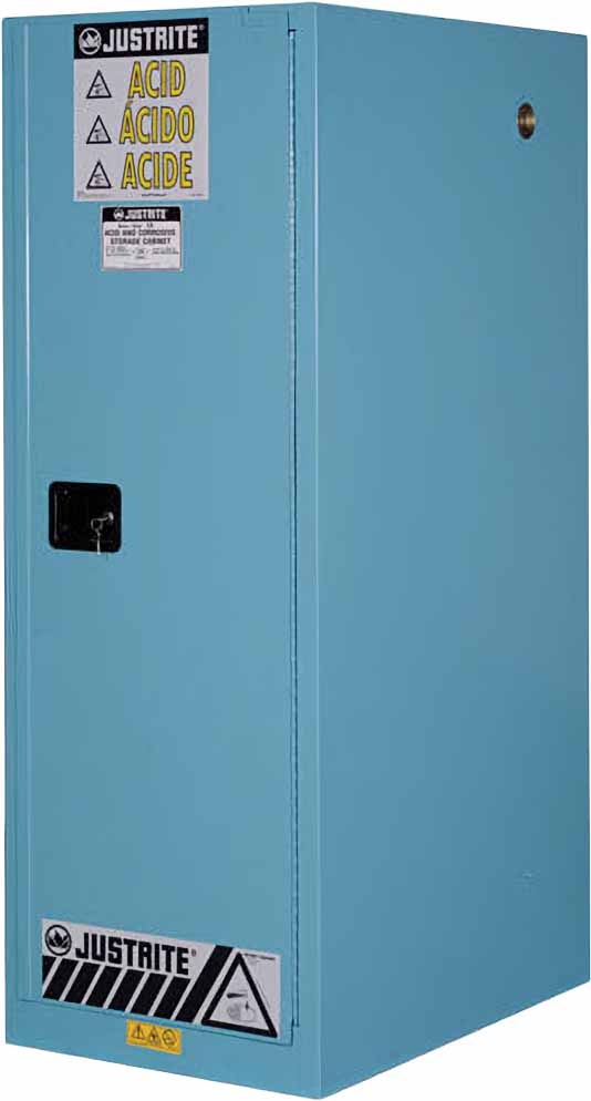 justrite 895402 54 gallon 3 shelves 1 door manual close corrosives acid steel safety cabinet sure grip ex deep slimline blue 1