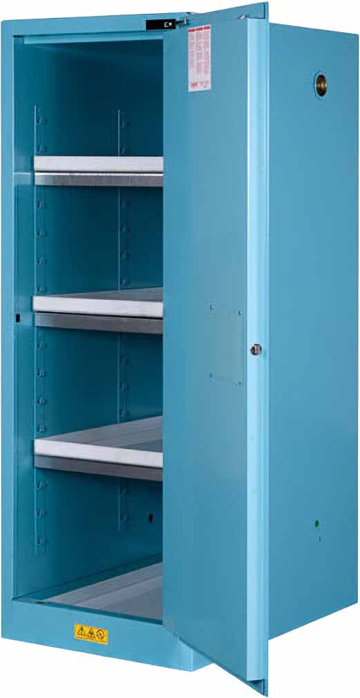 justrite 895422 54 gallon 3 shelves 1 door self close corrosives acid steel safety cabinet sure grip ex deep slimline blue 1
