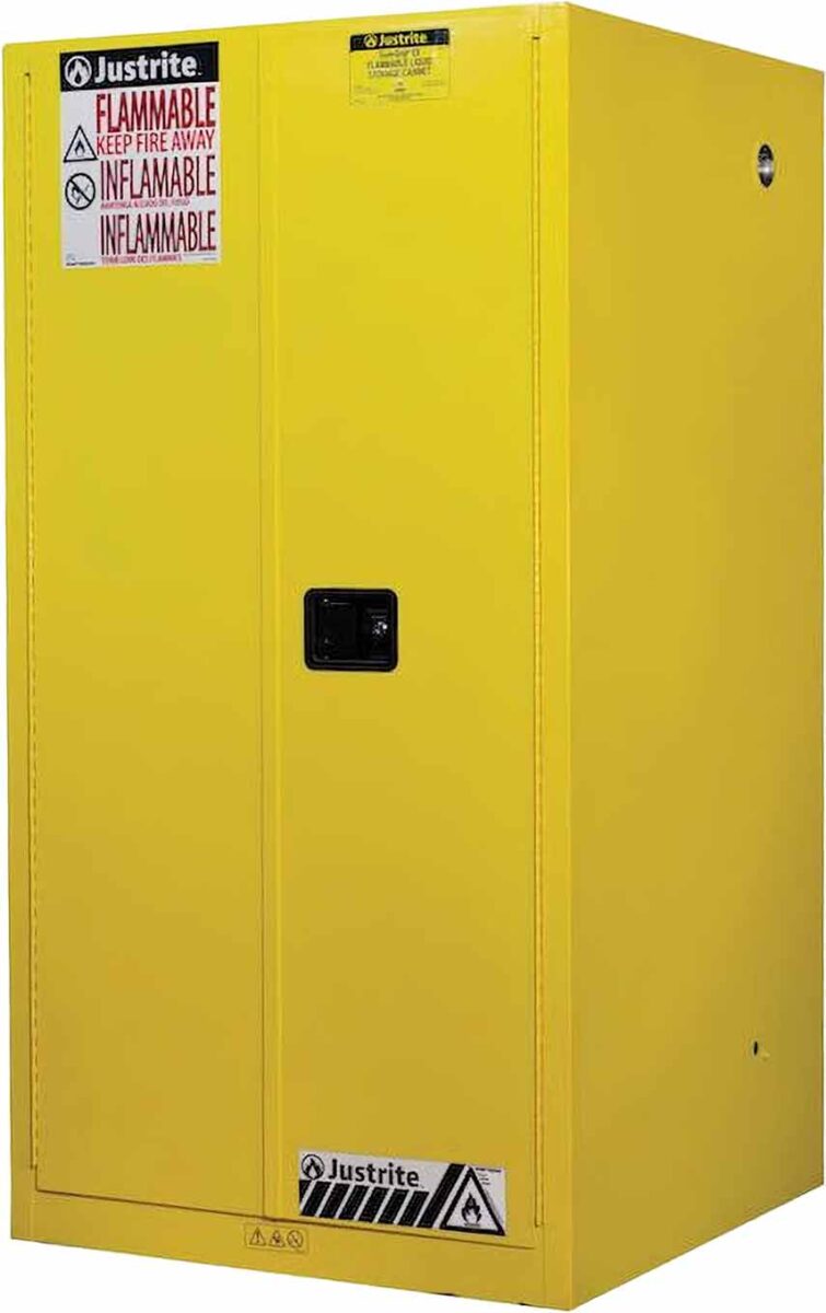 justrite 896000 60 gallon 2 shelves 2 doors manual close flammable cabinet sure grip ex yellow 1