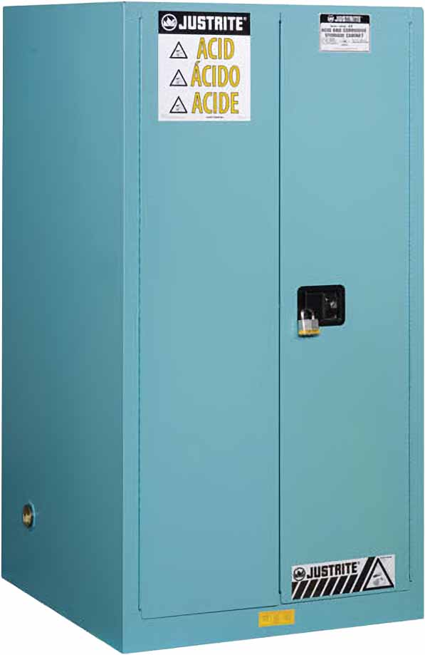 justrite 896002 60 gallon 2 shelves 2 doors manual close corrosives acid steel safety cabinet sure grip ex blue 1