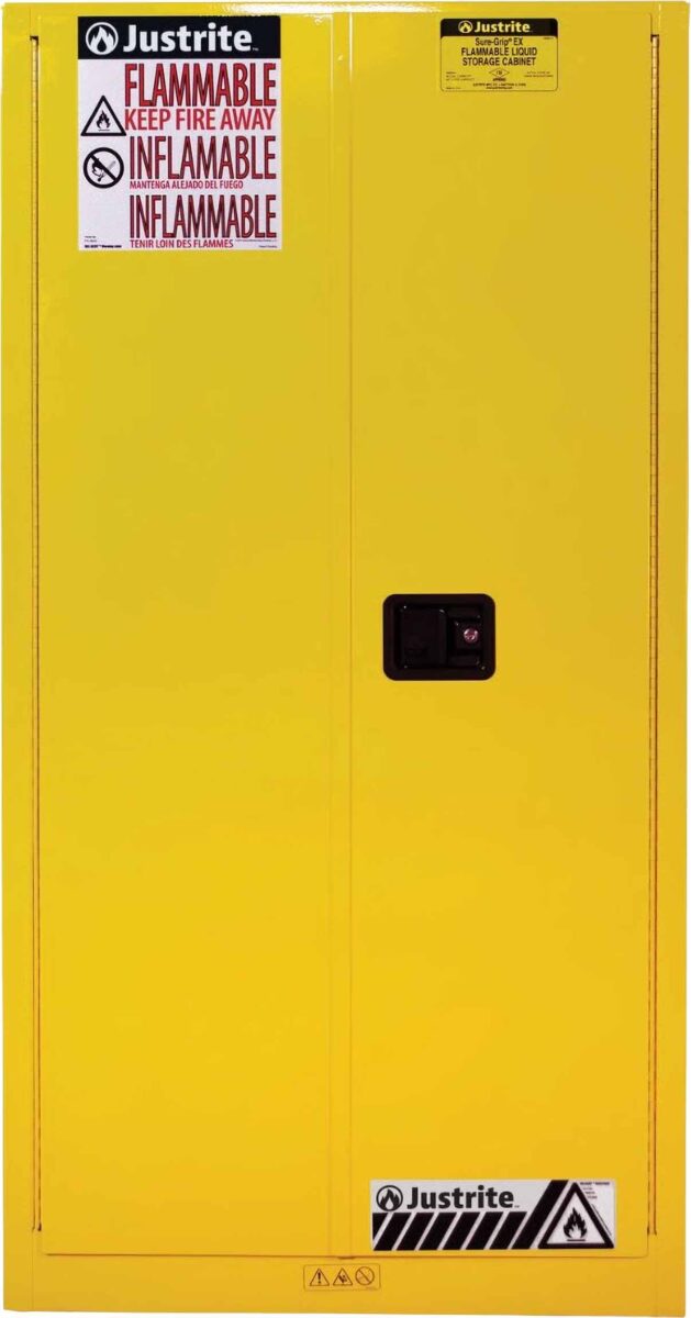 justrite 896020 60 gallon 2 shelves 2 doors self close flammable cabinet sure grip ex yellow 1