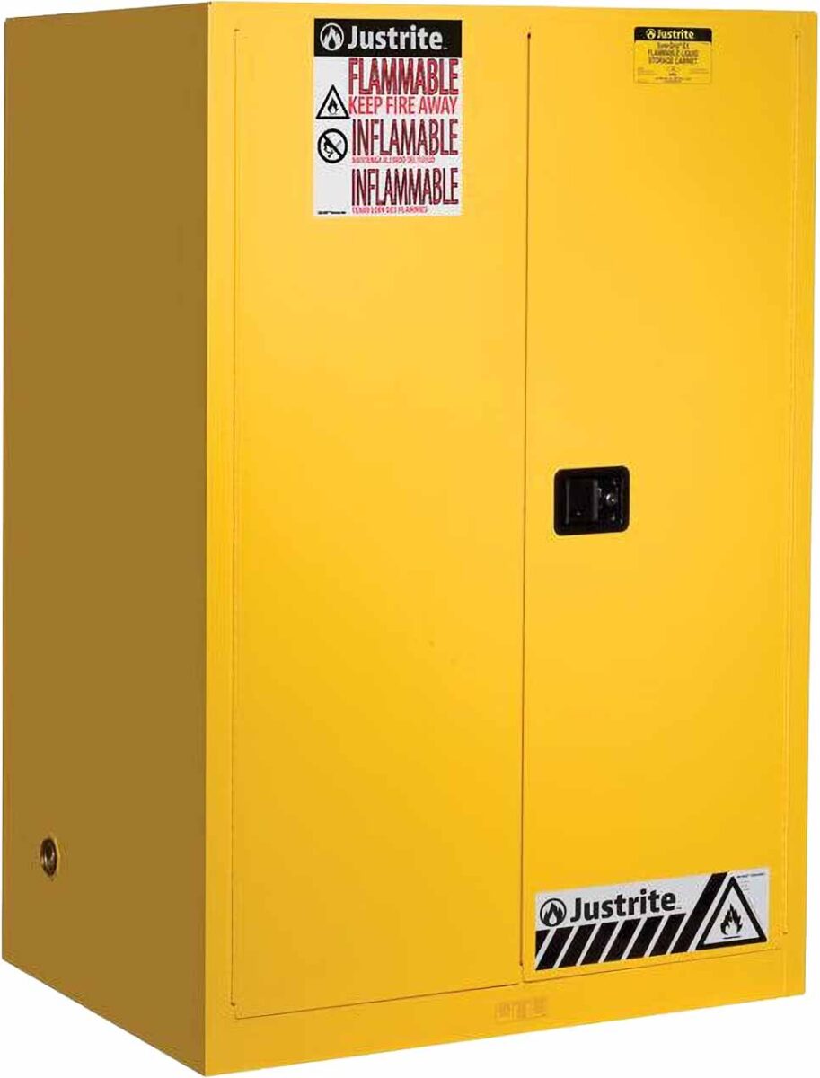 justrite 899000 90 gallon 2 shelves 2 doors manual close flammable cabinet sure grip ex yellow 1