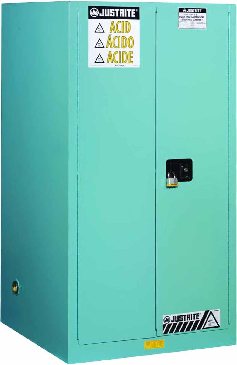justrite 899002 90 gallon 2 shelves 2 doors manual close corrosives acid steel safety cabinet sure grip ex blue 1