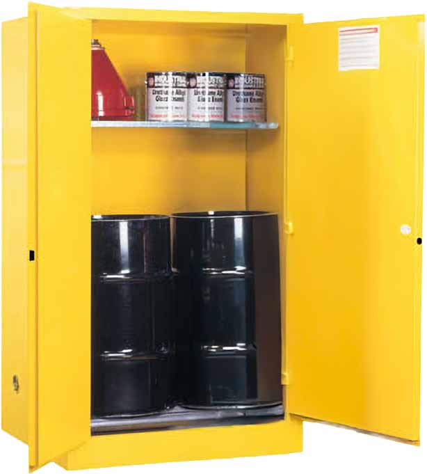 justrite 899060 60 gallon 2 drum vertical 1 shelf 2 doors manual close safety cabinet with drum rollers sure grip ex yellow 1