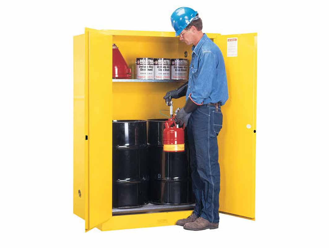 justrite 899060 60 gallon 2 drum vertical 1 shelf 2 doors manual close safety cabinet with drum rollers sure grip ex yellow 2