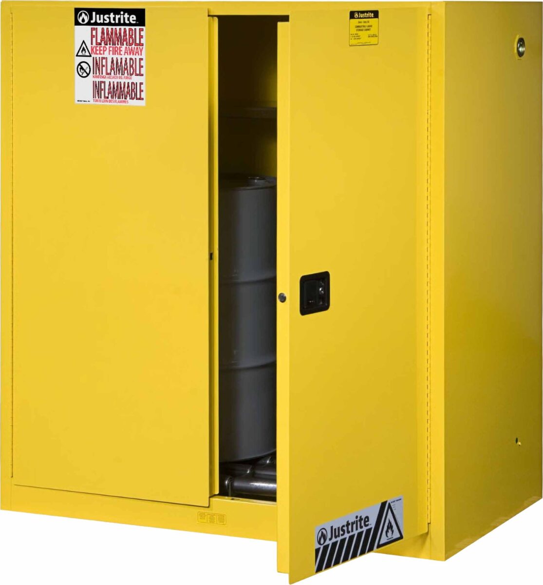 justrite 899070 60 gallon 2 drum vertical 1 shelf 2 doors self close safety cabinet with drum rollers sure grip ex yellow 1