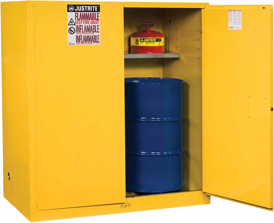 justrite 899100 110 gallon 2 drum vertical 1 shelf 2 doors manual close flammable cabinet with drum support sure grip ex yellow 1