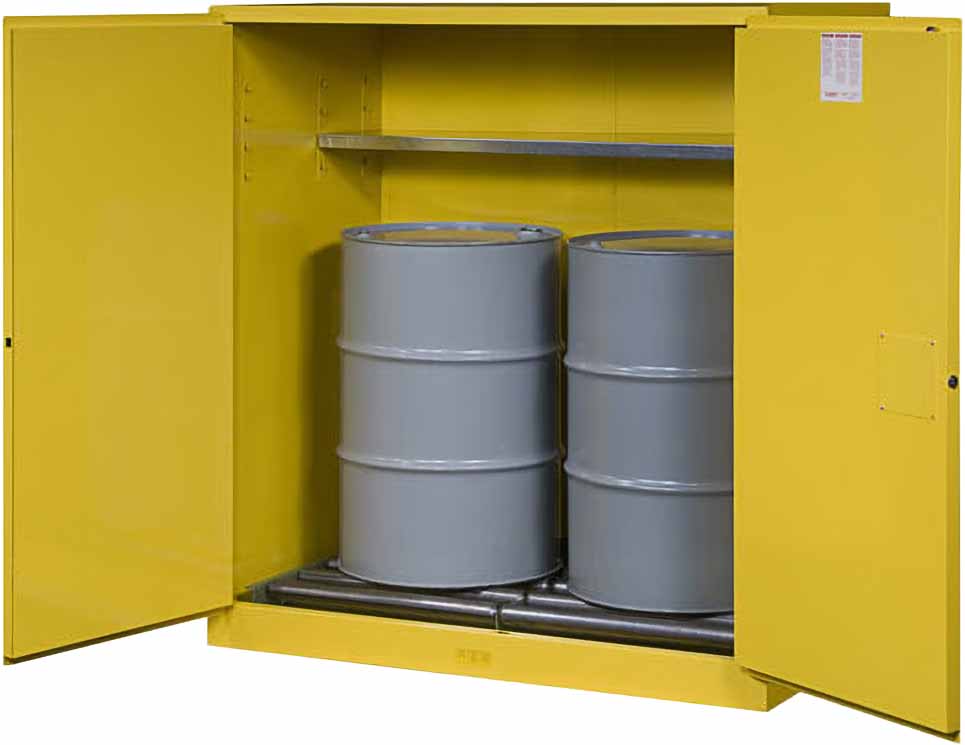 justrite 899160 110 gallon 2 drum vertical 1 shelf 2 doors manual close flammable cabinet with drum rollers sure grip ex yellow 1