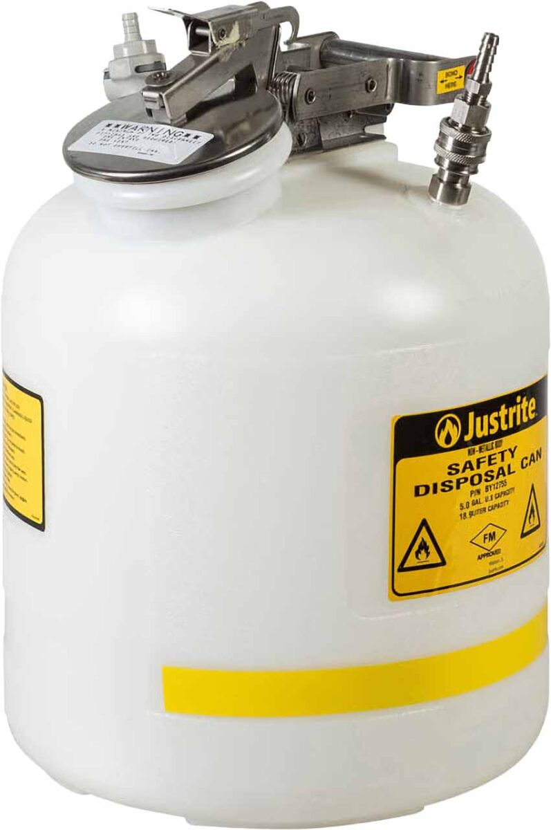 justrite by12755 5 gallon polyethylene quick disconnect disposal safety can polypropylene and stainless steel fittings for 3 8 tubing white 1