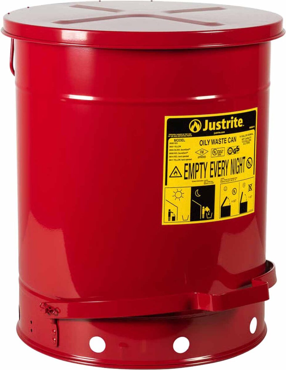 justrite 09500 14 galonluk celik yagli atik kabi eller serbest kullanim kendiliginden kapanan kapak kirmizi