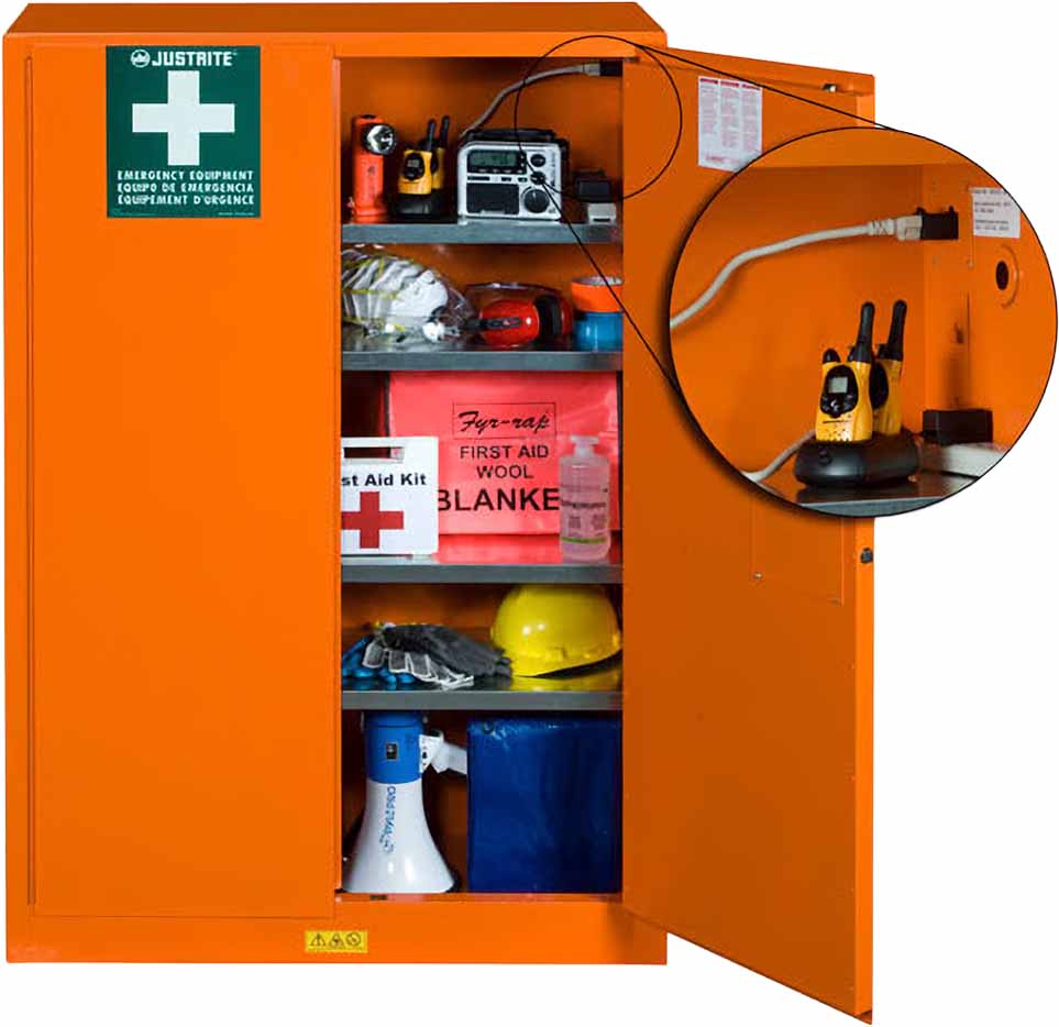 justrite 860002 acil durum hazirlik dolabi 4 rafli 2 kapili elle kapanan gloalert etiketli elektrik gecisli powerport turuncu 1